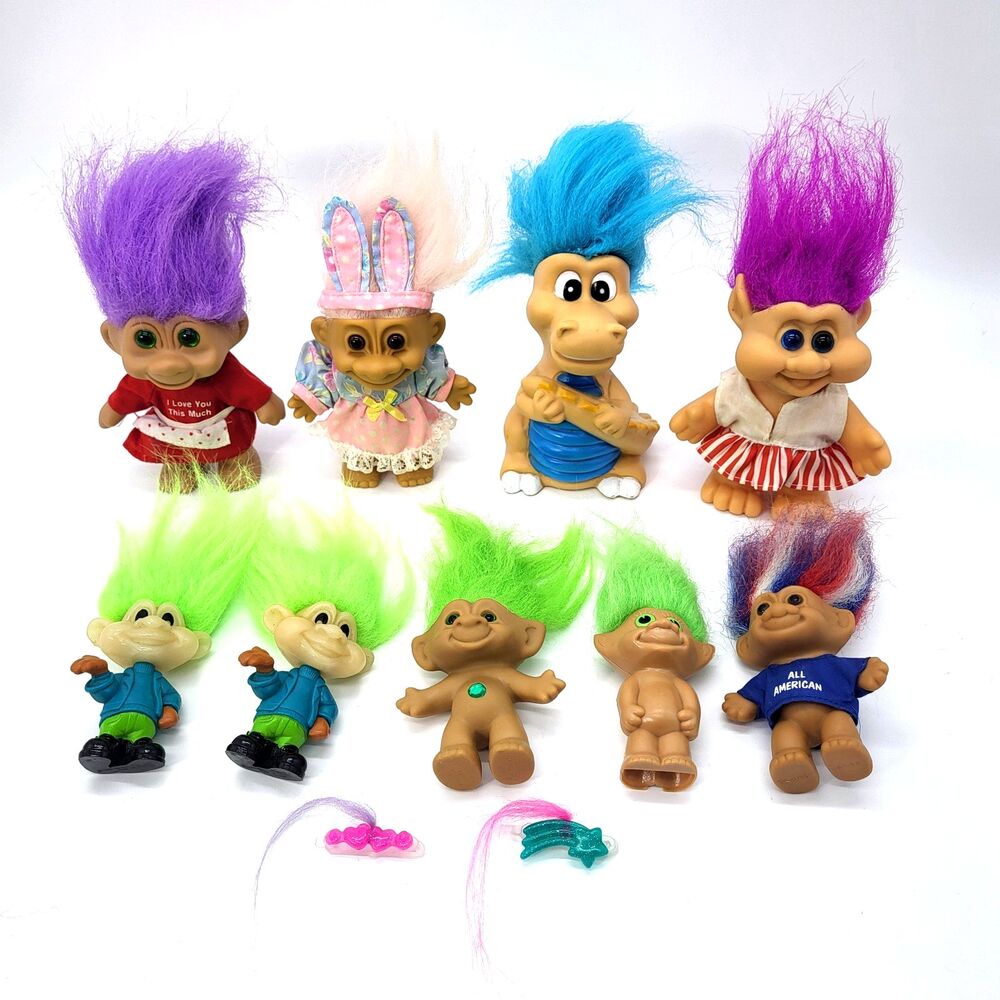 Vtg Troll Dolls Mixed Lot 9 Russ Ace TNT ITB Dragon Burger King Colorful Hair